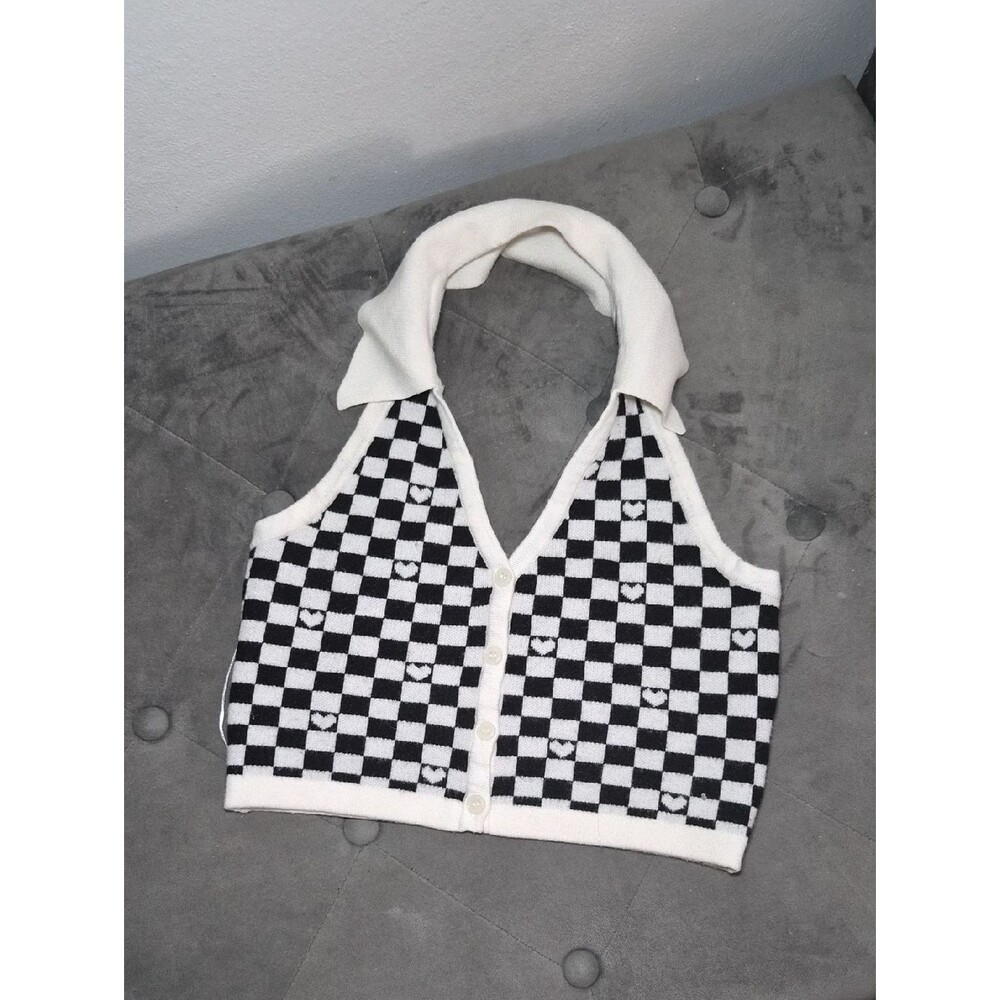 Checker Knit Vest with Collar - Black & White Xs